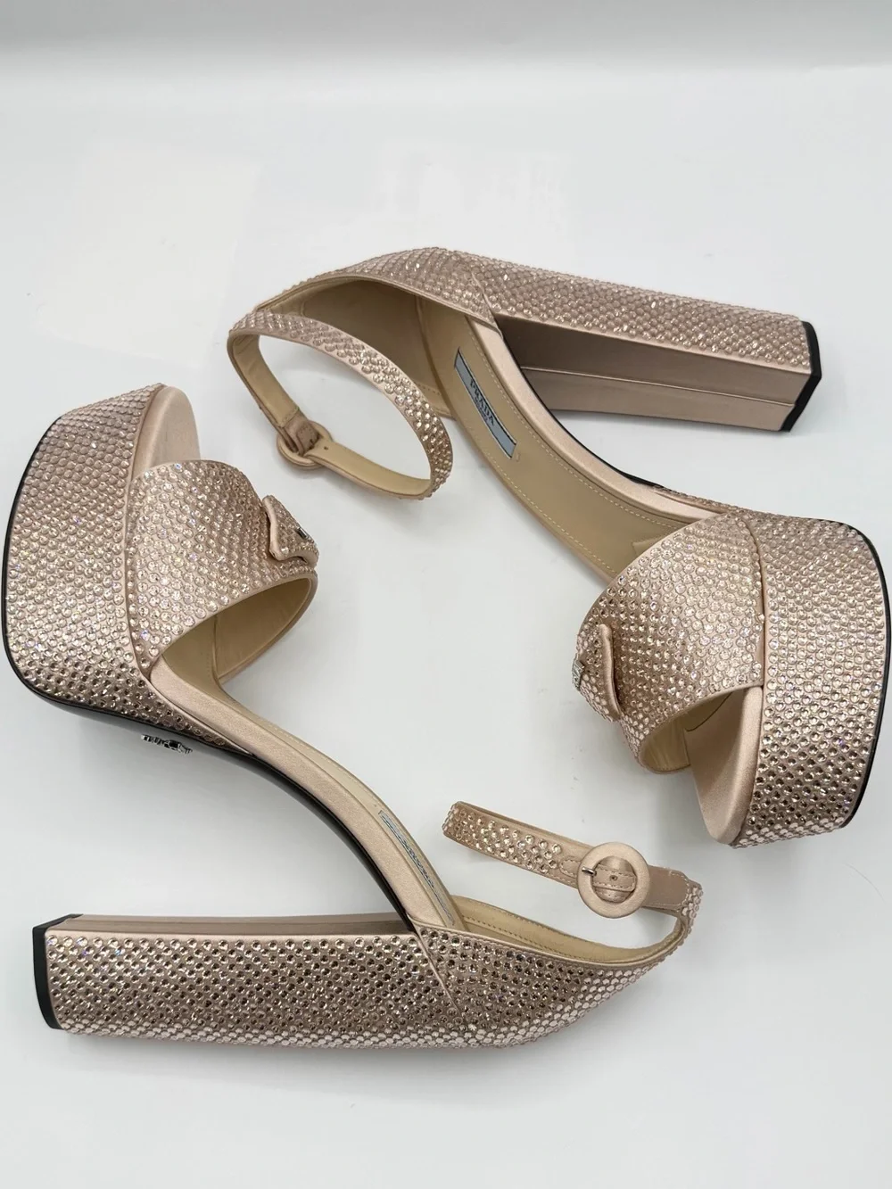 NIB Prada Crystal Rhinestone Embellished Ninfea Nude Pink Satin Platform Heels